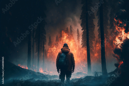 A man in dark clothing stands against a burning forest. Generative AI