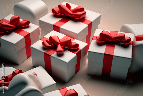 Present boxes with red ribbons and bows on white background. Generative AI