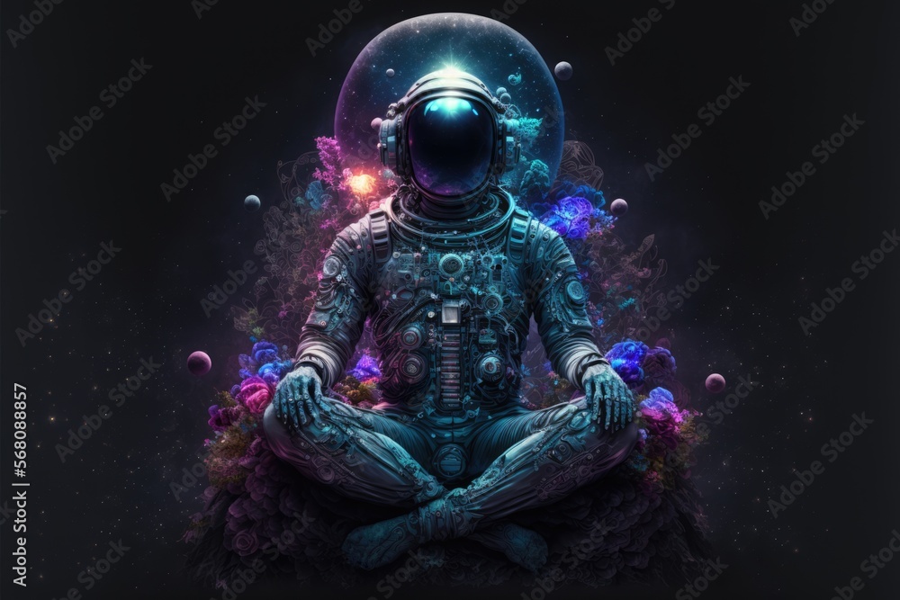 A cosmic meditation of an astronaut sitting in the lotus position in the middle of dark space. Spiritual esoteric mood 
