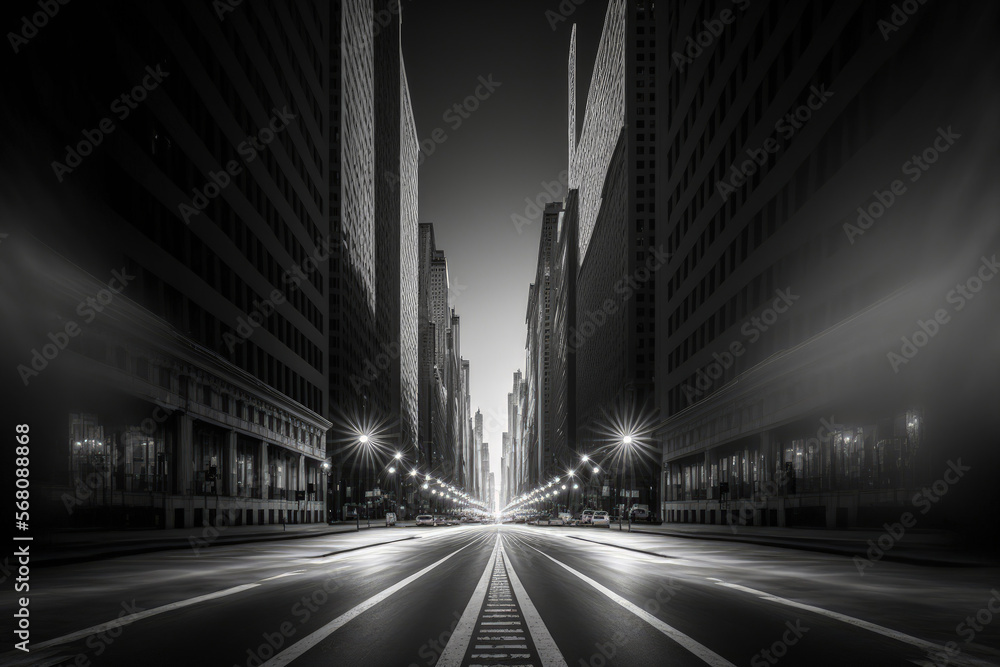 a cityscape shot in black and white of Chicago. From the center of the street, the picture is taken. Generative AI
