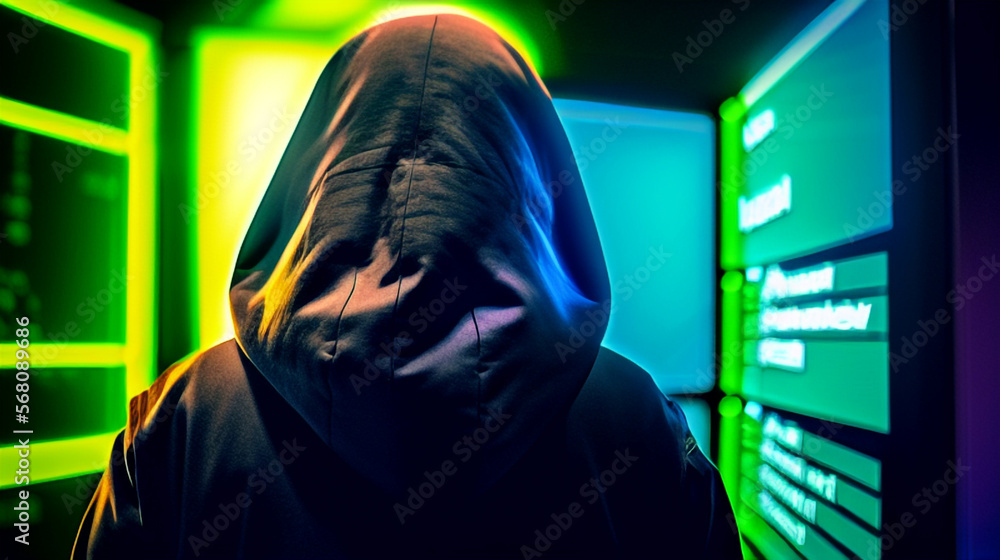 ハッキングするフードを被ったハッカー 背中越し イメージ A hacker wearing a hood hacking through