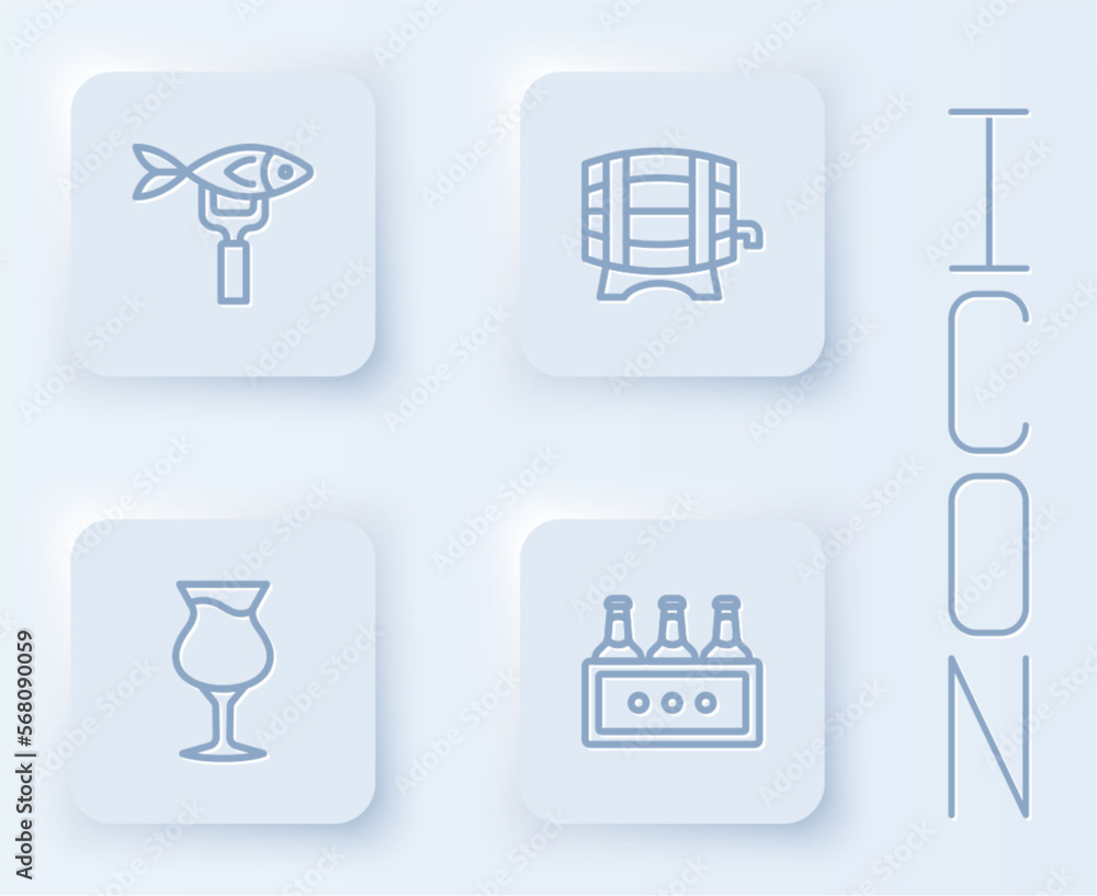 Set line Dried fish, Wooden barrel on rack, Glass of beer and Pack bottles. White square button. Vector Set line Dried fish, Wooden barrel on rack, Glass of beer and Pack bottles. White square button. Vector
