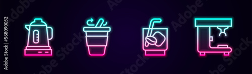 Set line Electric kettle, Coffee cup to go, Espresso tonic coffee and machine. Glowing neon icon. Vector