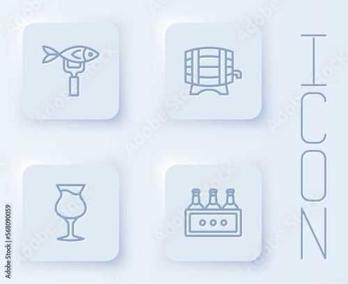 Set line Dried fish, Wooden barrel on rack, Glass of beer and Pack bottles. White square button. Vector