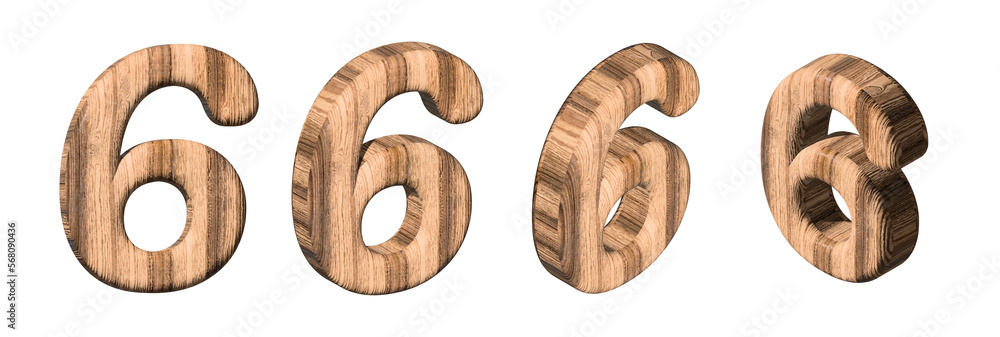 Set of wooden numbers 6 from different angles on a white background. 3d rendered digit six with brown wood texture. 3d illustration. 3d rendering Set of wooden numbers 6 from different angles on a white background. 3d rendered digit six with brown wood texture. 3d illustration. 3d rendering