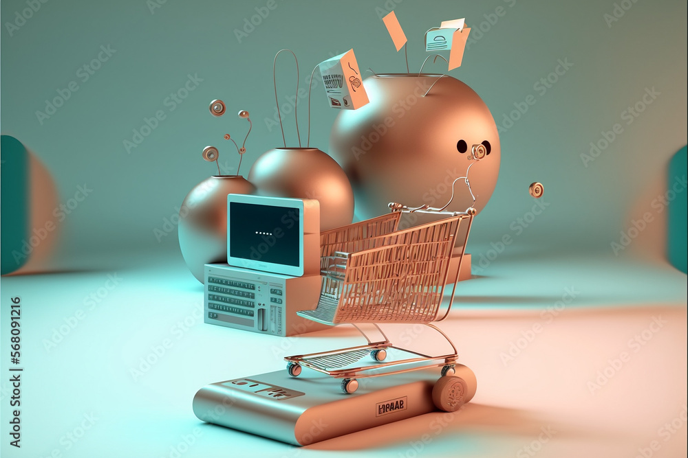 Koszyk internetowy, zakupy online 3d, Online shopping cart, 3d online shopping - AI Generated  - obrazy, fototapety, plakaty 
