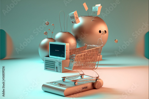 Koszyk internetowy, zakupy online 3d, Online shopping cart, 3d online shopping - AI Generated  photo