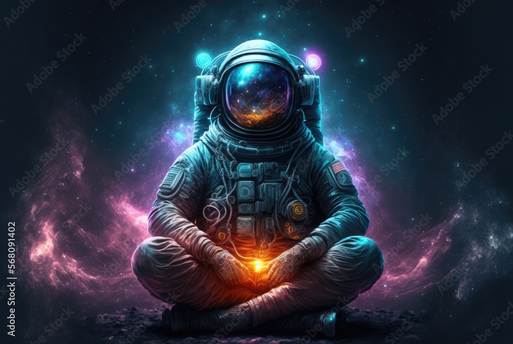 Esoteric spiritual yogi astronaut in lotus position meditation in the deep space mysterious. Mystical fantasy mood Esoteric spiritual yogi astronaut in lotus position meditation in the deep space mysterious. Mystical fantasy mood