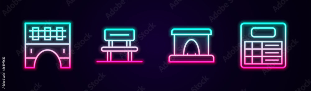 Set line Bridge for train, Waiting hall, Railway tunnel and Train station board. Glowing neon icon. Vector Set line Bridge for train, Waiting hall, Railway tunnel and Train station board. Glowing neon icon. Vector