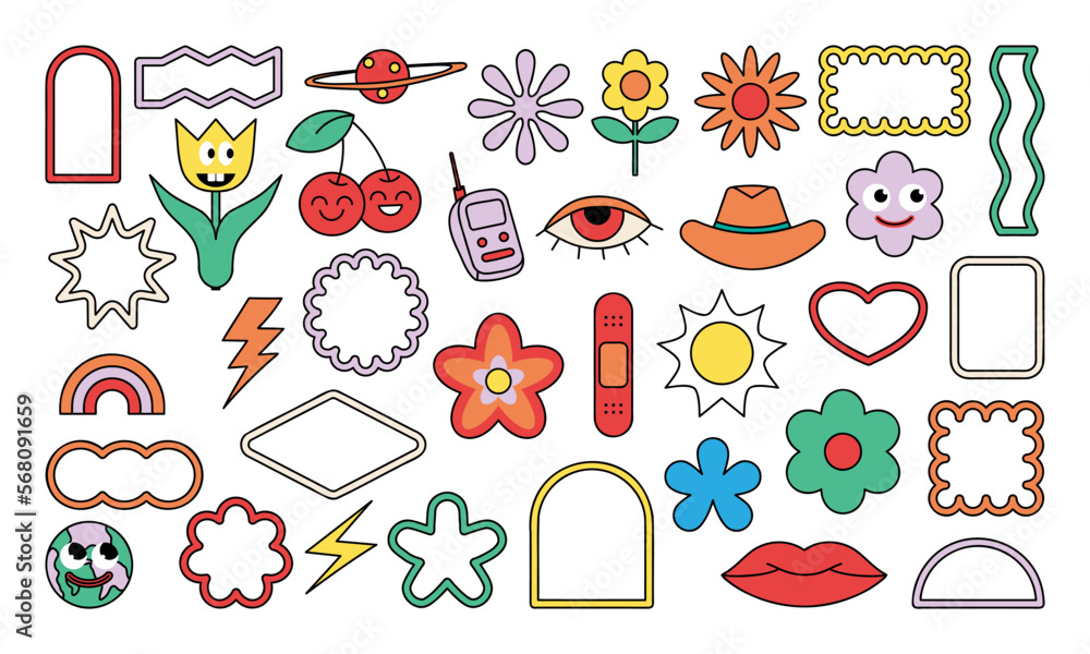 Retro Sticker Groovy Hand Drawn. Sticker Groovy Hand Drawn. 70s hippie stickers, psychedelic groovy elements.