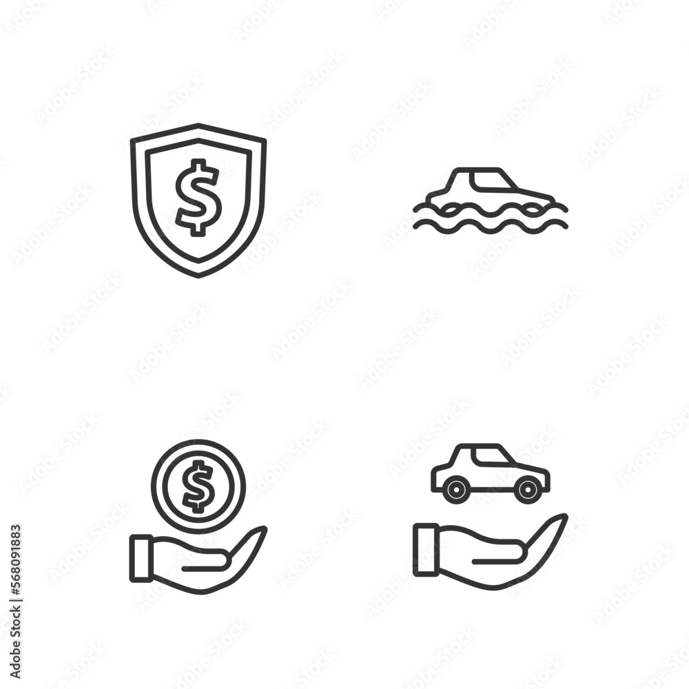 Set line Car insurance, Money with shield, Shield dollar and Flood car icon. Vector Set line Car insurance, Money with shield, Shield dollar and Flood car icon. Vector