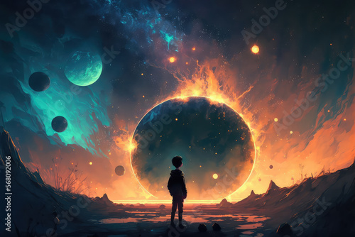 illustration painting of the young boy standing among glowing planets and looking the moon and the star up in the night sky  digital art style.  ai generated 