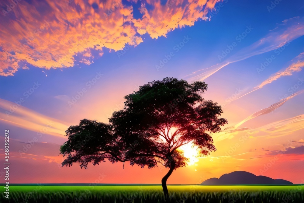 Generative AI illustration of lonely tree at paddy field with sunrise insight. Generative AI illustration of lonely tree at paddy field with sunrise insight.