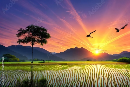 Generative AI illustration of paddy field during sunrise with mountain insight.