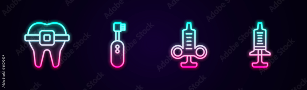 Set line Teeth with braces, Electric toothbrush, Syringe and . Glowing neon icon. Vector Set line Teeth with braces, Electric toothbrush, Syringe and . Glowing neon icon. Vector