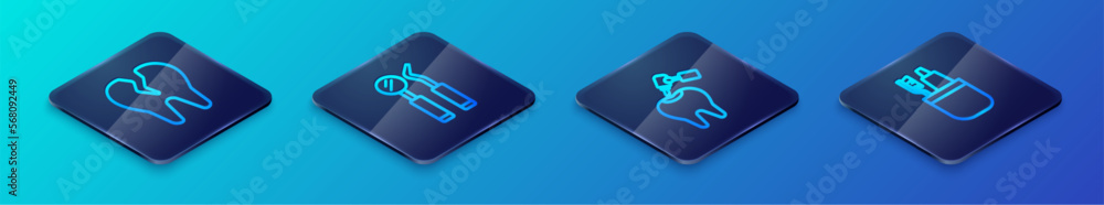 Set Isometric line Tooth with caries and drill, Broken tooth, Toothbrush toothpaste and Dental mirror probe icon. Vector Set Isometric line Tooth with caries and drill, Broken tooth, Toothbrush toothpaste and Dental mirror probe icon. Vector