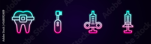 Set line Teeth with braces, Electric toothbrush, Syringe and . Glowing neon icon. Vector