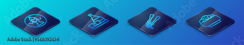 Set Isometric line Food chopsticks with noodles, Served fish on a plate, Chow mein and Bottle of sake icon. Vector