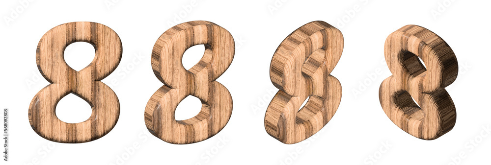 Set of wooden numbers 8 from different angles on a white background. 3d rendered digit eight with brown wood texture. 3d illustration. 3d rendering Set of wooden numbers 8 from different angles on a white background. 3d rendered digit eight with brown wood texture. 3d illustration. 3d rendering