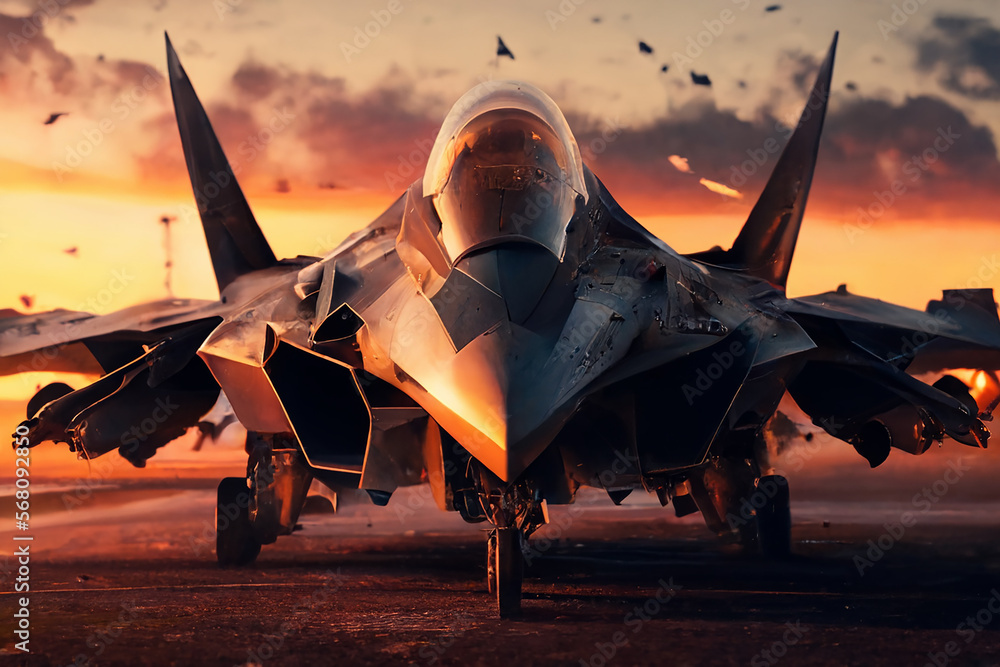 Military aircraft fighter with weapons stands at the airfield, ready ...