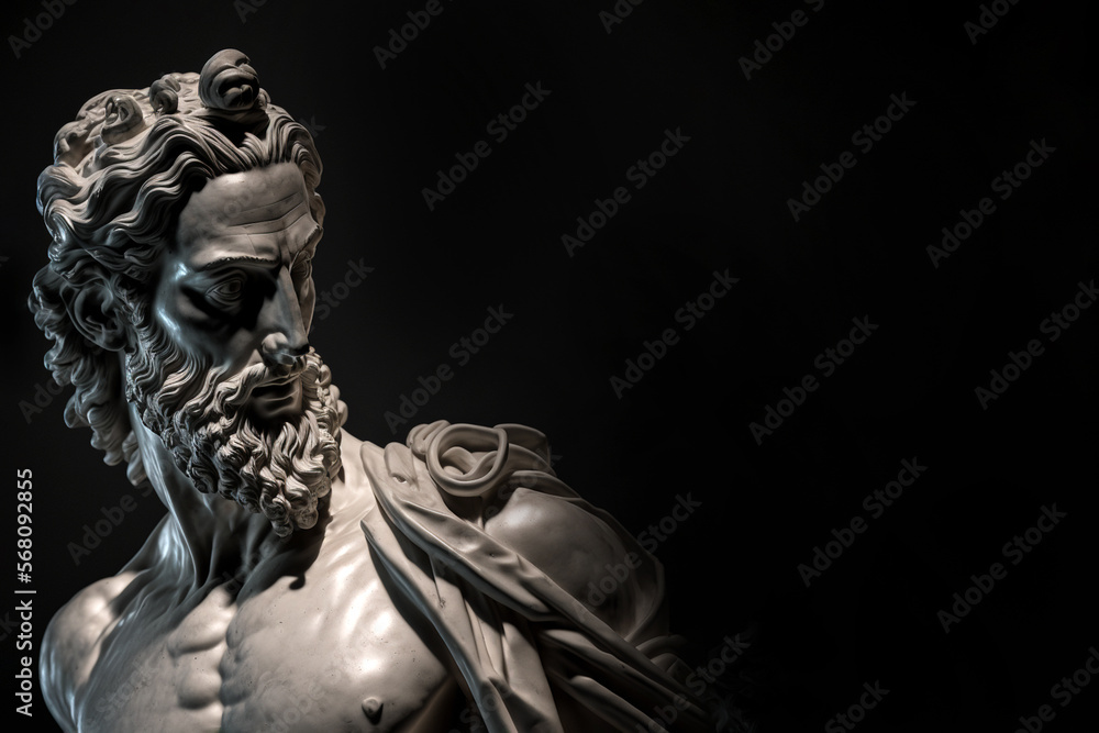 Head of greek god sculpture, statue of a man with long beard on dark background. AI generated image. Head of greek god sculpture, statue of a man with long beard on dark background. AI generated image.