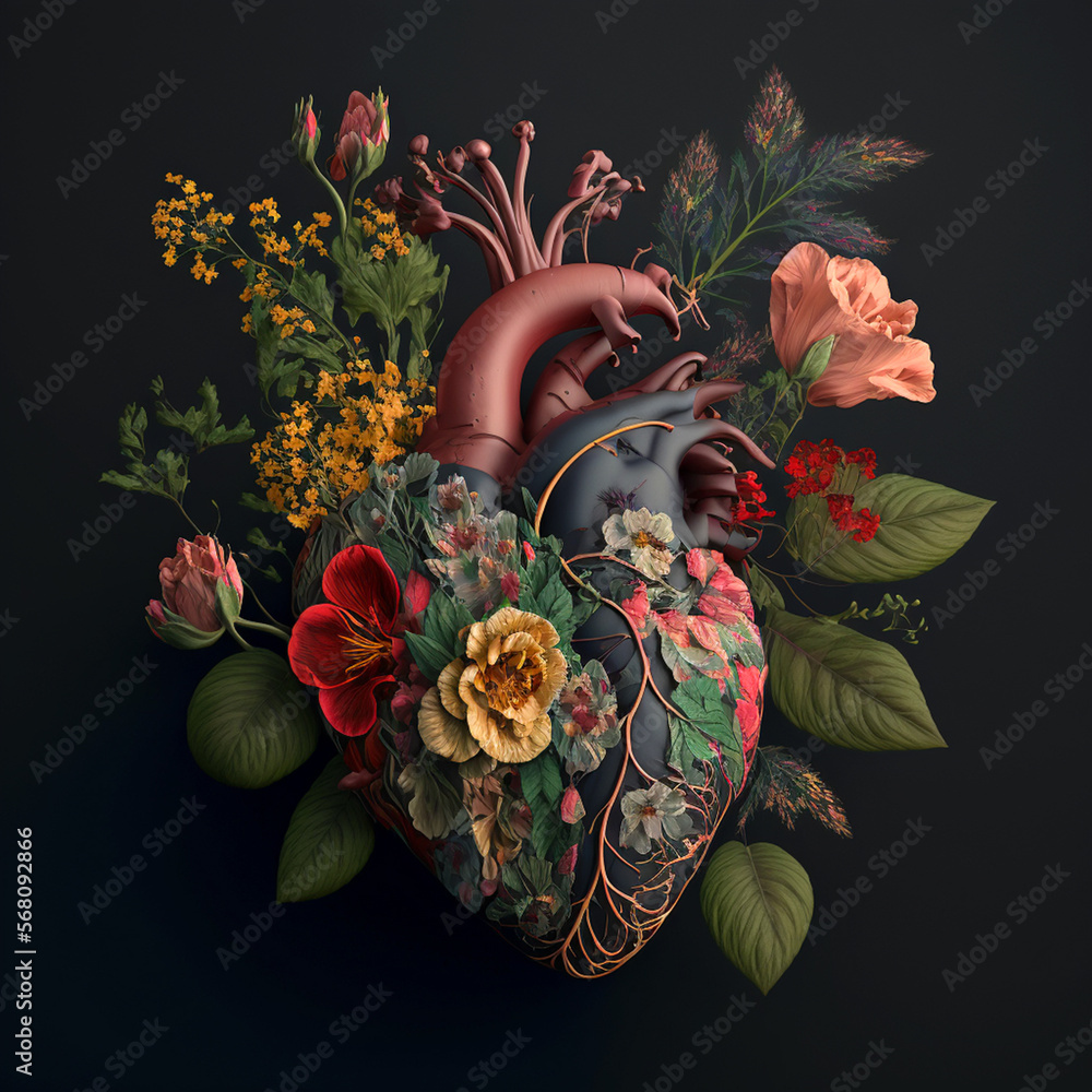 Beautiful anatomic heart with flowers and leaves. Floral romantic