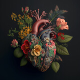 Beautiful anatomic heart with flowers and leaves. Floral romantic composition for greeting card. AI generated image.