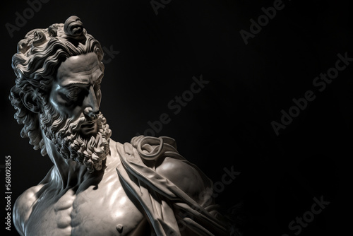 Head of greek god sculpture, statue of a man with long beard on dark background. AI generated image.