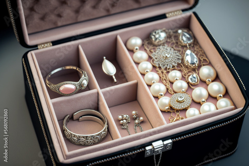 Jewelry box with white gold and silver rings, earrings and pendants with pearls. Collection of luxury jewelry. AI generated image.