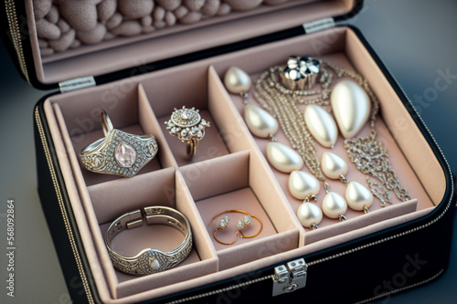 Jewelry box with white gold and silver rings, earrings and pendants with pearls. Collection of luxury jewelry. AI generated image.