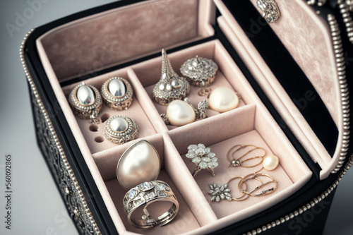 Jewelry box with white gold and silver rings, earrings and pendants with pearls. Collection of luxury jewelry. AI generated image. © Magryt