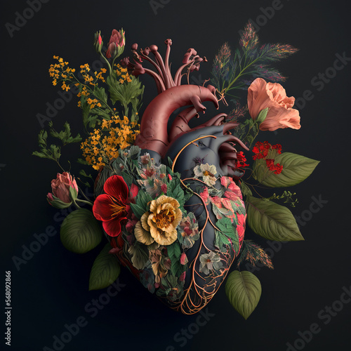Beautiful anatomic heart with flowers and leaves. Floral romantic composition for greeting card. AI generated image.