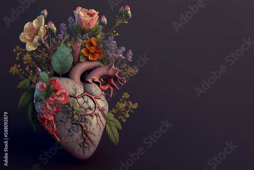 Beautiful anatomic heart with flowers and leaves. Floral romantic composition for greeting card. AI generated image.