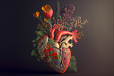 Beautiful anatomic heart with flowers and leaves. Floral romantic composition for greeting card. AI generated image.