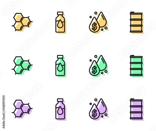 Set line Oil drop with dollar symbol, Molecule oil, petrol test tube and Barrel icon. Vector