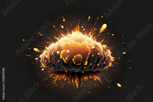 Orange colored fiery bomb explosion with sparks and smoke, isolated on a black background. Generative AI