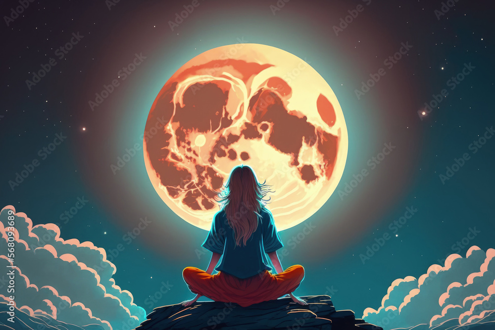 Woman meditating in front of the moon. Generative AI