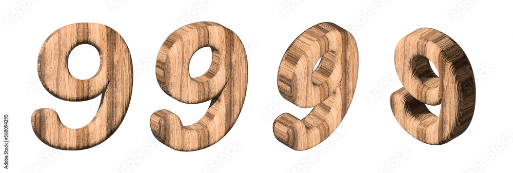 Set of wooden numbers 9 from different angles on a white background. 3d rendered digit nine with brown wood texture. 3d illustration. 3d rendering Set of wooden numbers 9 from different angles on a white background. 3d rendered digit nine with brown wood texture. 3d illustration. 3d rendering