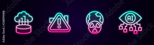 Set line Network cloud connection, Exclamation mark in triangle, Planet earth and radiation and Computer vision. Glowing neon icon. Vector