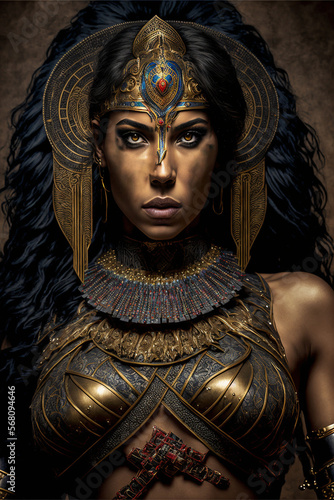 Portrait of an ancient female egyptian warrior. Fantasy armor, woman, soldier, wallpaper, acryl, oil on canvas created with AI.
