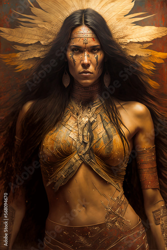 Portrait of an ancient female native warrior. Fantasy armor, woman, soldier, wallpaper, acryl, oil on canvas created with AI.