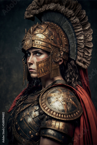 Portrait of an ancient female roman warrior. Fantasy armor, woman, soldier, wallpaper, acryl, oil on canvas created with AI.