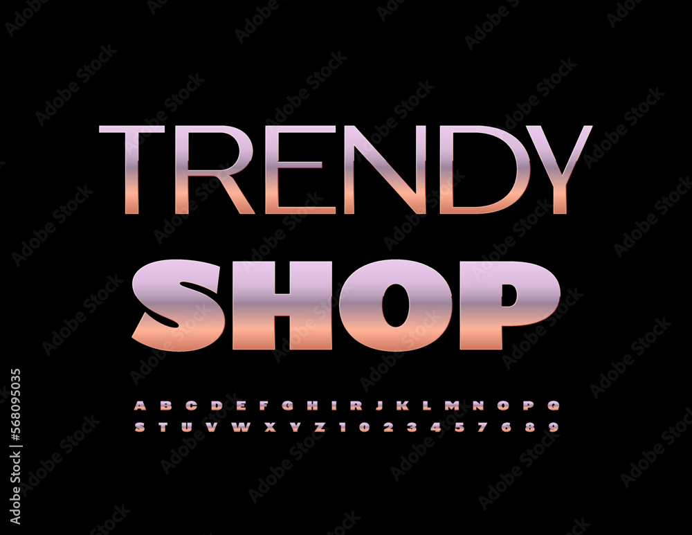 Vector elegant Sign Trendy Shop. Stylish Golden Font. Luxury Alphabet Letters and Numbers set.