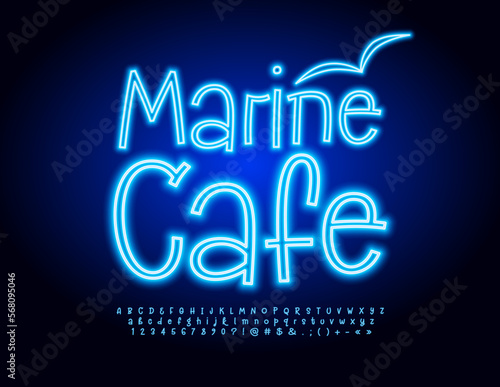 Vector Neon Poster Marine Cafe. Bright Glowing Font. Blue handwritten Alphabet Letters and Numbers 