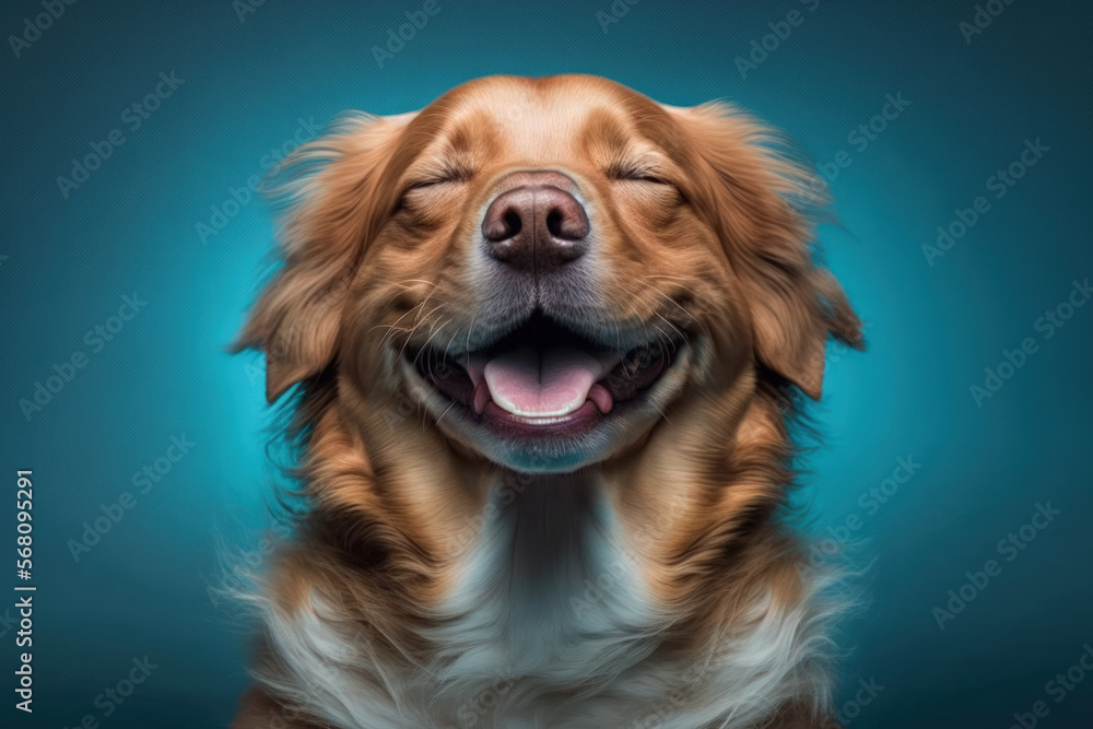 On a blue background, a smiling, happy puppy dog can be seen with its eyes closed. Generative AI