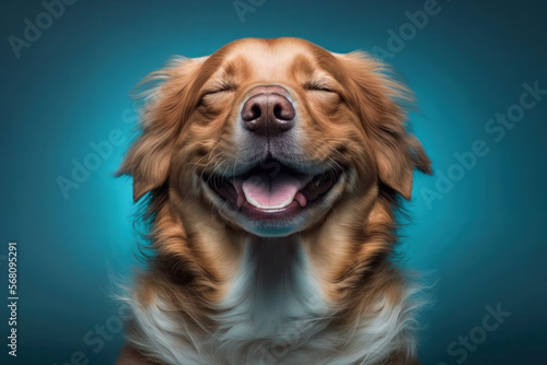 On a blue background, a smiling, happy puppy dog can be seen with its eyes closed. Generative AI