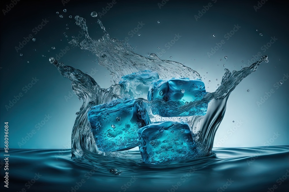 a group of ice cubes floating in the water with splashing water around