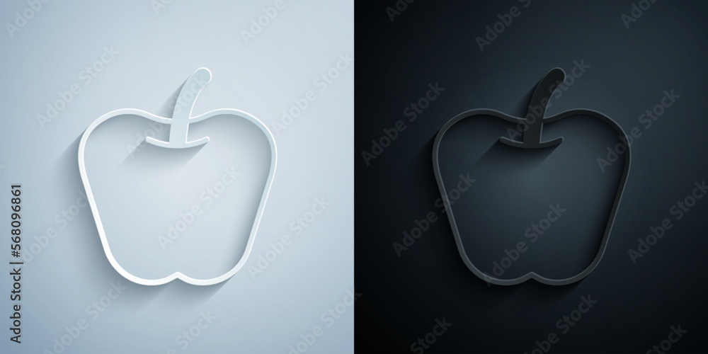 Obraz premium Paper cut Apple icon isolated on grey and black background. Excess weight. Healthy diet menu. Fitness diet apple. Paper art style. Vector