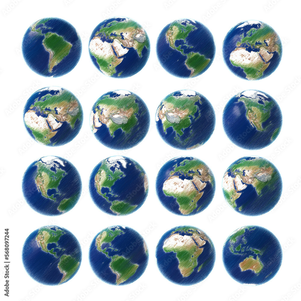 Earth set Isolated transparent background drawing
