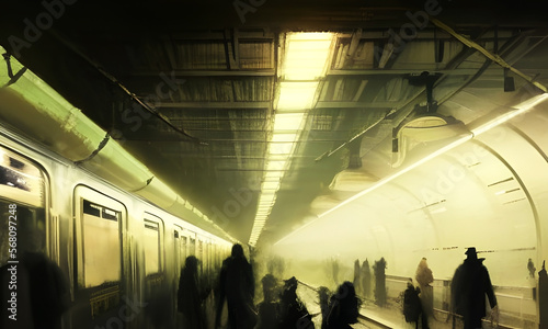 Illustration of a subway station at night with silhouettes of travelers; post-apocalyptic theme #568097248